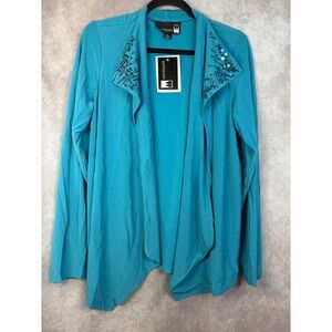 NWT Anthony Original Women's Turquoise Open Front Sequined Collar Cardigan Sz L